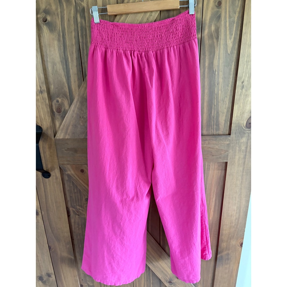 Hot Pink Cotton Linen Wide Leg Smocked Waist Pleated Pants Womens Large - Picture 2 of 4